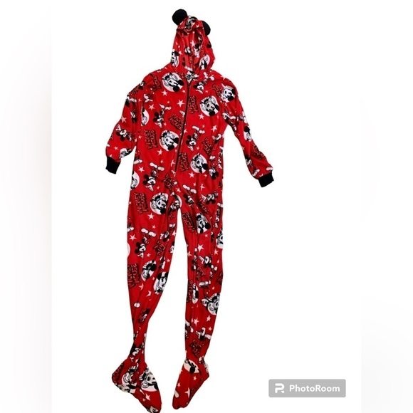 Women’s Disney Mickey Mouse Zip-Up Hooded Red Onesie Footie Pajamas Sz Medium - Picture 1 of 7